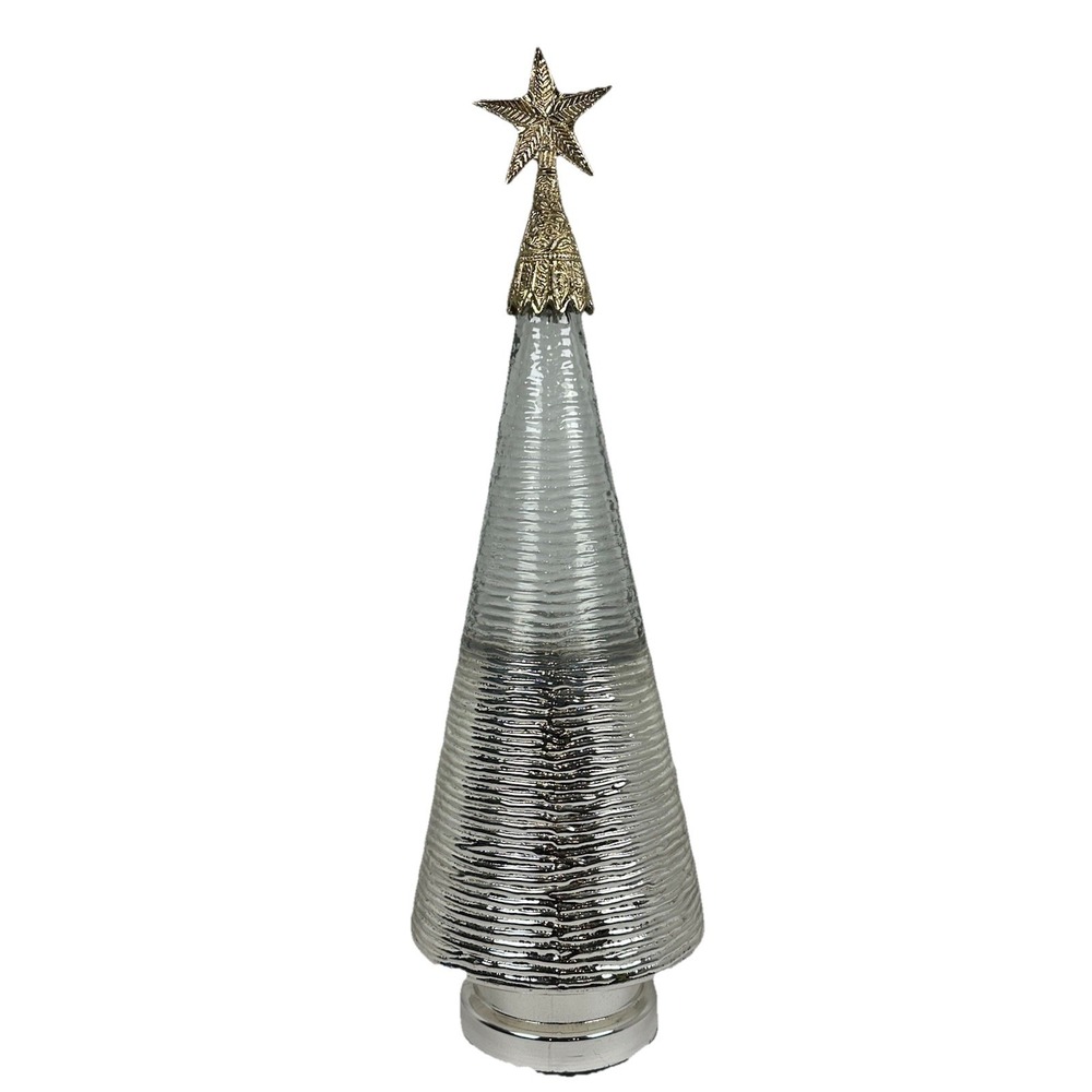 Silver Mercury Glass Christmas Tree Decor w/ Gold Star Topper 19"